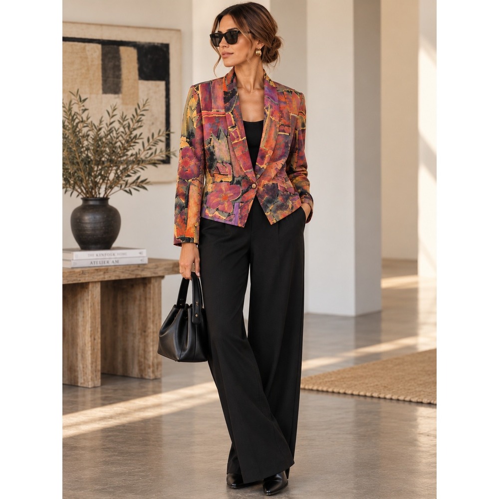 Vintage Granite Womens Abstract Painterly Print Rayon Art Print Blazer Jacket S